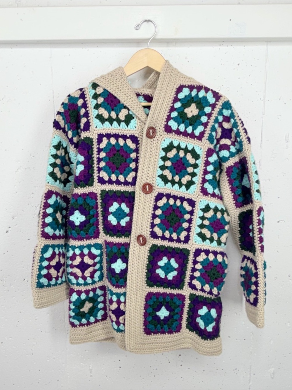 Handknit Crochet M/L Turquoise Purple Granny Square Hooded Cardigan Sweater